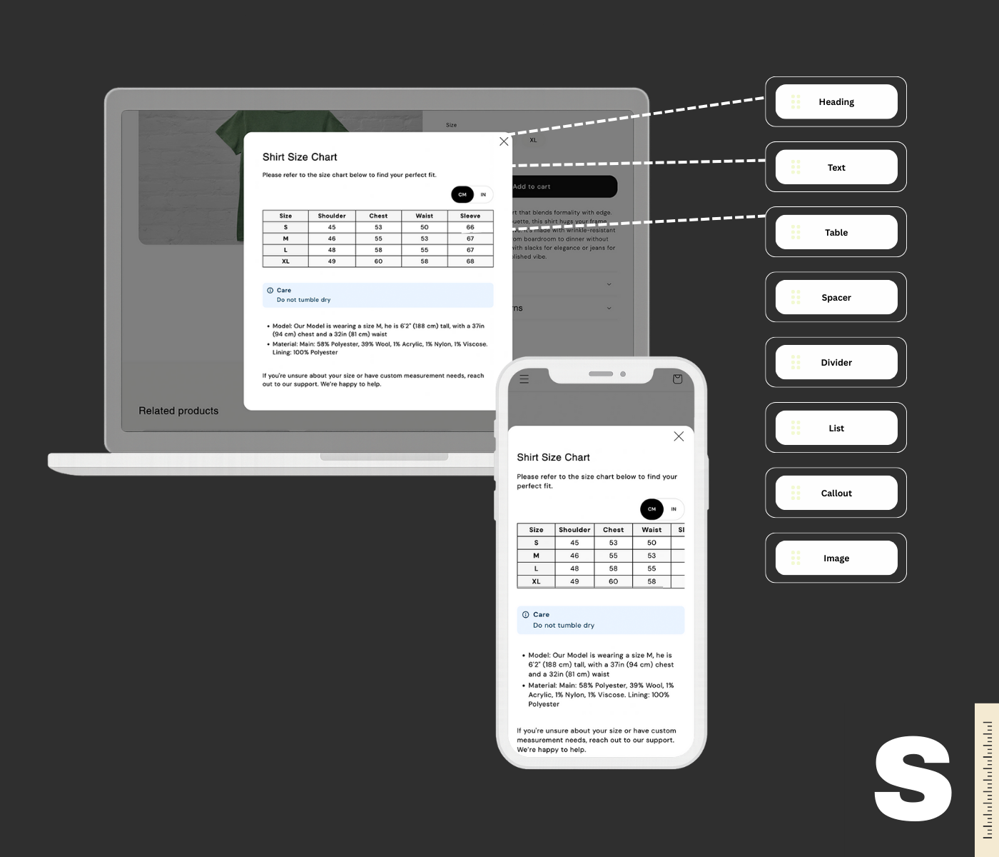 Pivotal Size Charts app showing desktop and mobile size charts