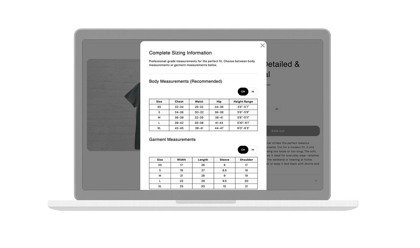 Size chart popup on a desktop mockup
