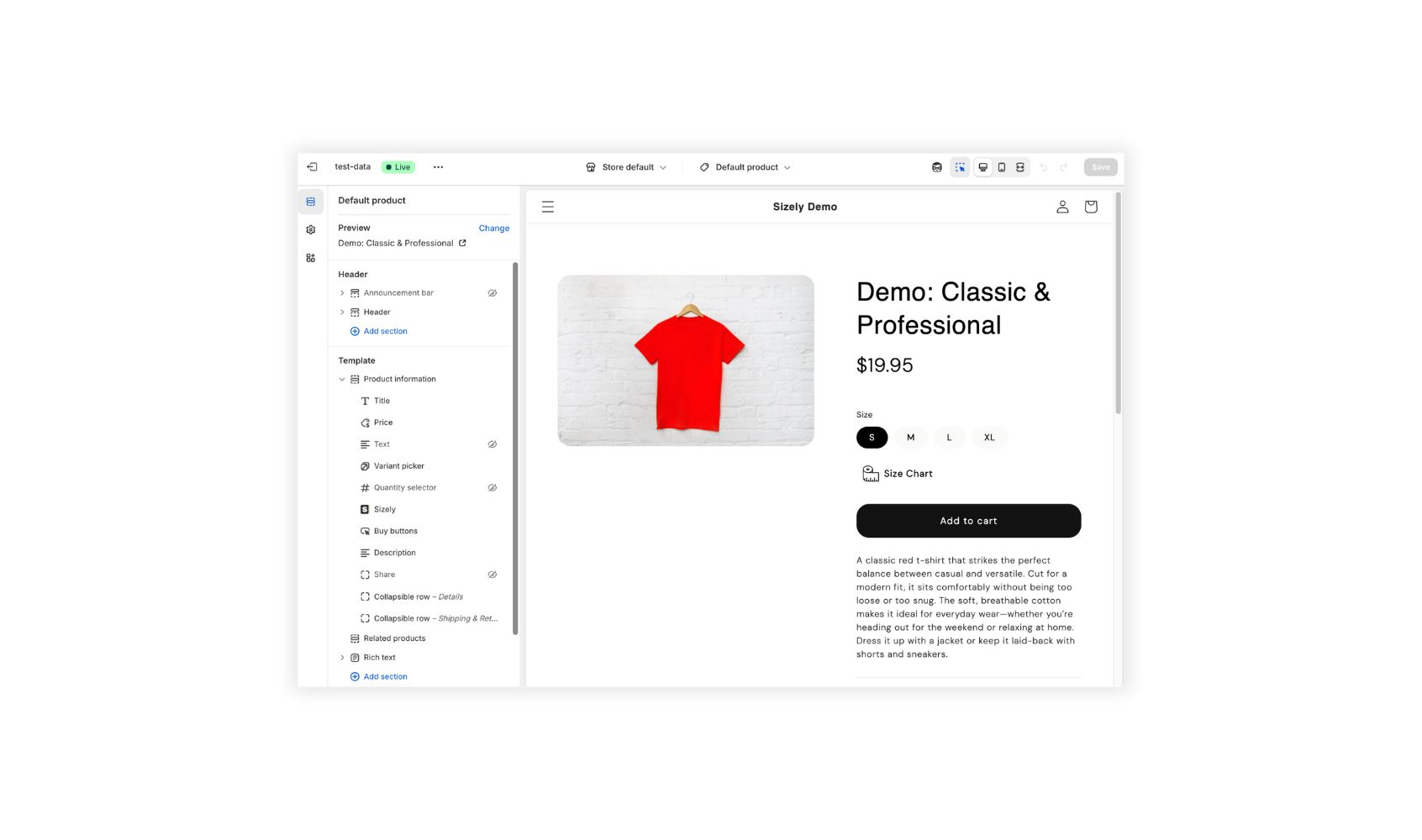 The default product template in Shopify with the Pivotal Size Charts app block added