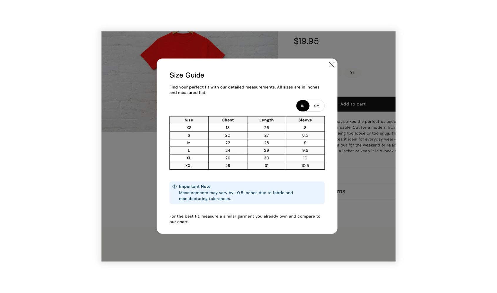 Size chart popup on a product page