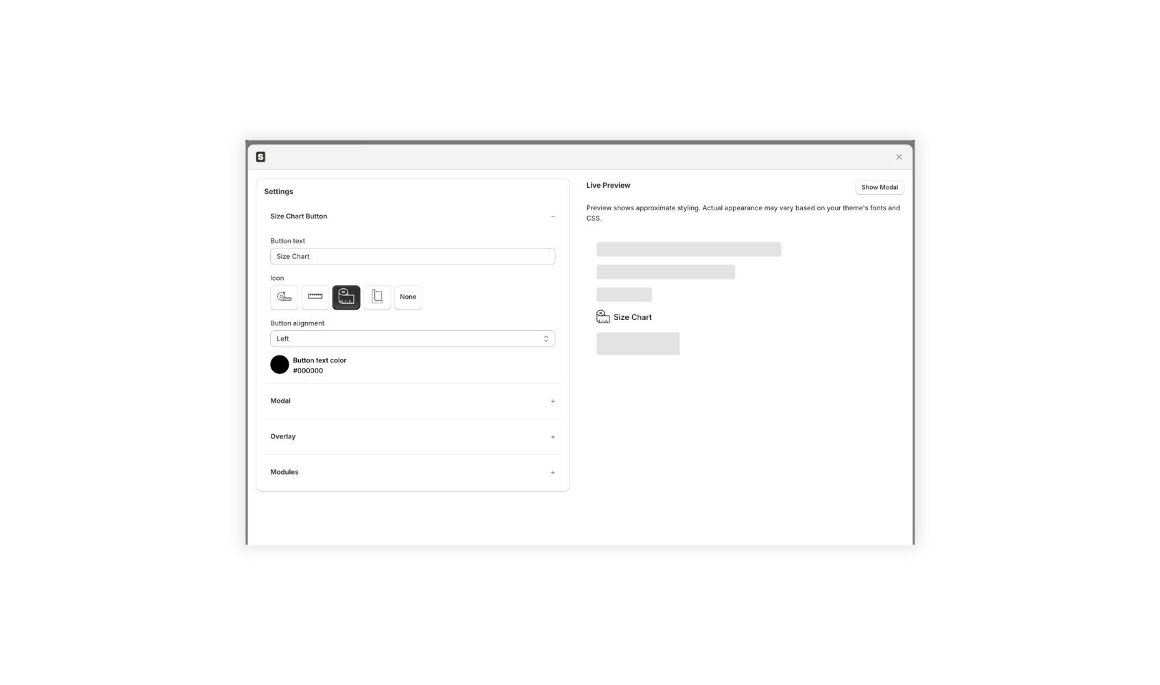 Pivotal Size Charts settings showing the button settings